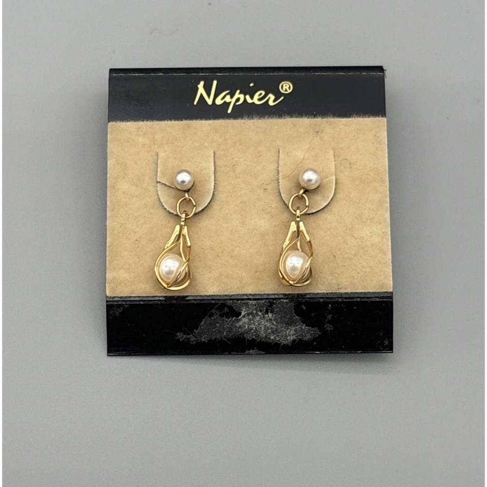 VTG Napier Pearl Drop Dangling Pierced Earrings Gold Tone New Original Packaging